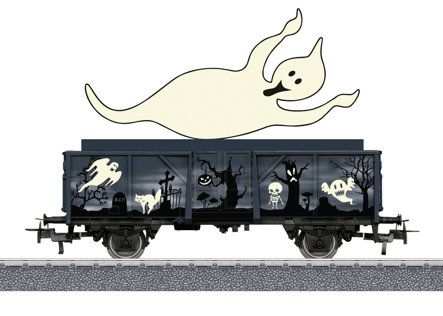 Ein Geisterzugwagen mit verschiedenen Geister- und Halloween-Motiven, darunter ein schwebender Geist, Spukbäume und Kürbisse.