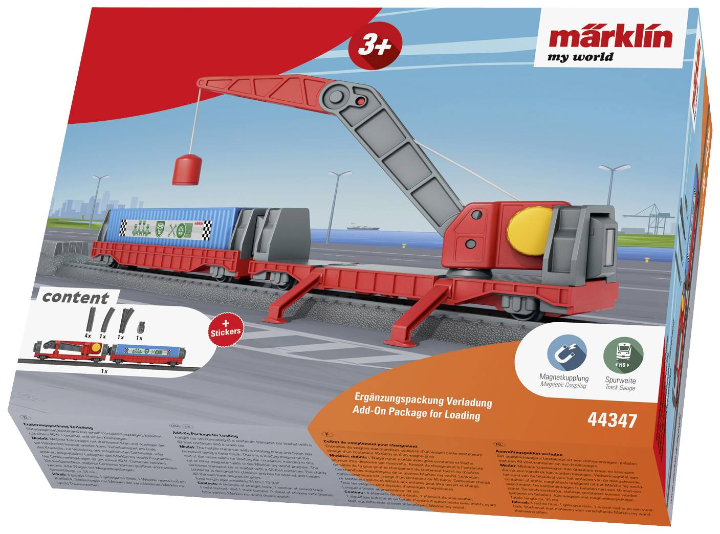 Lego-Ladestation-Set in Verpackung, enthält Kran, Container, Schienen und Zug. Geeignet für Kinder ab 3 Jahren.