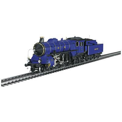 Ein detailliertes Modell einer blauen Dampflokomotive auf einem Gleis, mit auffälligen Gold- und Weißakzenten und Beschriftung 'LGB 24042'.