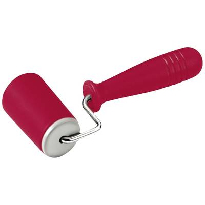 Roter Farbroller mit rotem Griff, oft verwendet zum Auftragen oder Glätten von Farbe oder Kleber auf flachen Oberflächen.