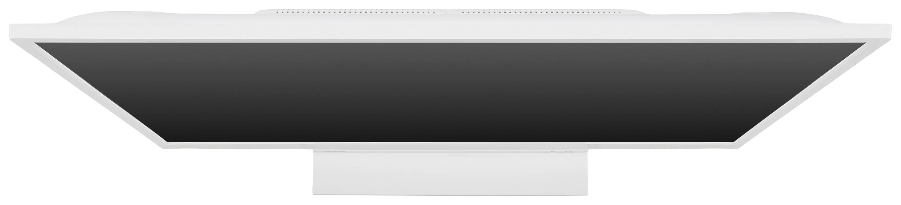 Ein Computerbildschirm von unten betrachtet, mit einem weißen Rahmen und schwarzem Display.