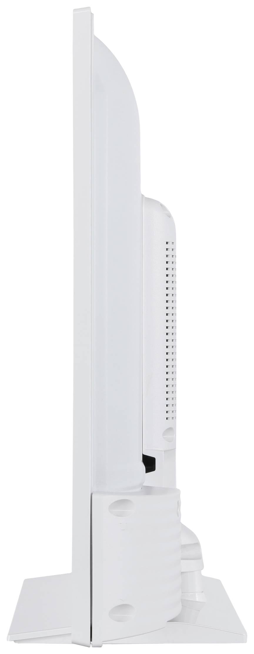 Seitenansicht eines modernen, schlanken weißen Flachbildmonitors. Bildschirm ist schmal, mit einem robusten Standfuß.
