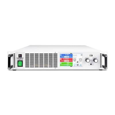 Ein programmierbares DC-Netzgerät mit farbigem Display zeigt Messwerte für Spannung (0 bis 60 V) und Stromstärke (bis 80 A).
