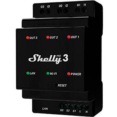 Schwarzes Gerät mit der Aufschrift 'Shelly Pro 3', zeigt Status-LEDs für 'LAN', 'Wi-Fi' und 'Power', sowie drei 'OUT'-Anschlüsse.