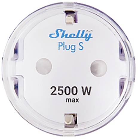 Runder Adapterstecker mit Beschriftung 'Shelly Plug S', maximal 2500 W.