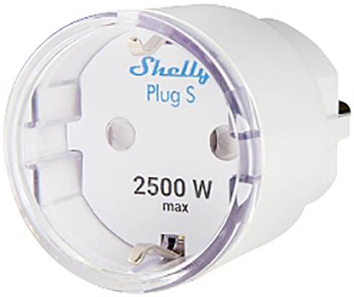 Weiße smarte Steckdose, beschriftet mit 'Shelly Plug S' und '2500 W max'. Wurde zur Steuerung elektrischer Geräte entworfen.
