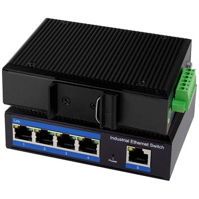 Industrieller Ethernet-Switch mit fünf Ports, LED-Anzeigen für Link- und Stromstatus, geeignet für raue Umgebungen.