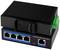 Industrieller Ethernet-Switch mit fünf Ports, LED-Anzeigen für Link- und Stromstatus, geeignet für raue Umgebungen.