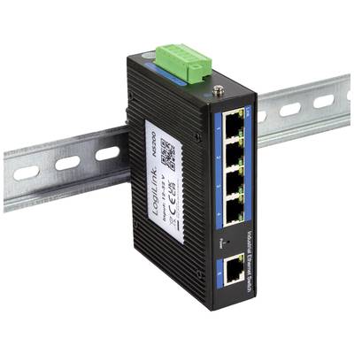 Industrieller Ethernet-Switch mit fünf RJ45-Ports auf DIN-Schiene montiert, geeignet für raue Umgebungen und Netzwerkverbindungen.