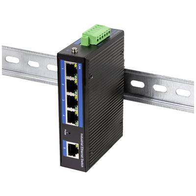 Ein schwarzer industrieller Ethernet-Switch mit fünf Ports, montiert an einer Metallschiene, zeigt Netzwerkanschlüsse und LED-Anzeigen.