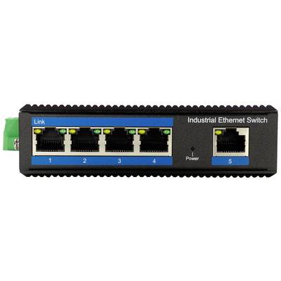 'Industrieller Ethernet-Switch mit fünf RJ45-Ports, nummeriert von 1 bis 5. Anzeigeleuchten über jedem Port zeigen den Verbindungsstatus an.'