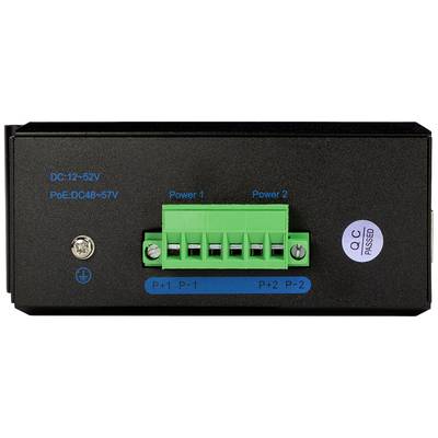 Netzteilmodul mit grünen Anschlussklemmen markiert als Power 1 und Power 2, zeigt DC12-52V und PoE DC48-57V.