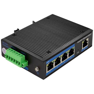 Ein industrieller Ethernet-Switch mit fünf Ethernet-Ports und grünen Stromanschlussklemmen, geeignet für robuste Netzwerkumgebungen.