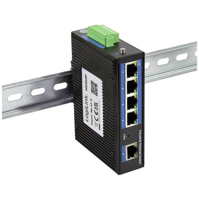 Industrieller Ethernet-Switch mit fünf Anschlüssen, montiert auf einer Metallschiene. Zeigt Netzwerkverbindungen und Stromanschluss.
