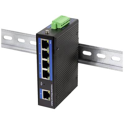 Ein schwarzer industrieller Ethernet-Switch mit fünf Ethernet-Ports ist an einer Metallschiene befestigt.