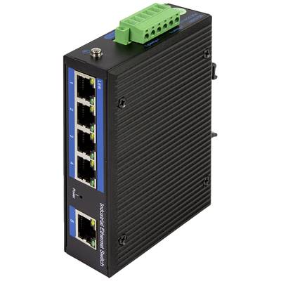 'Industrieller Ethernet-Switch mit fünf Ethernet-Ports und grünem Stromanschlussblock, schwarzes Gehäuse, vertikal ausgerichtet.'