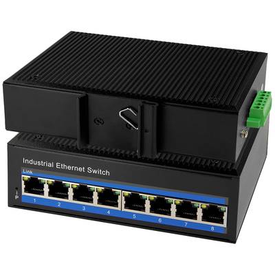Industrieller Ethernet-Switch mit acht Anschlüssen, schwarz, Vorderseite mit blauer Leiste und grünem Anschluss oben rechts.