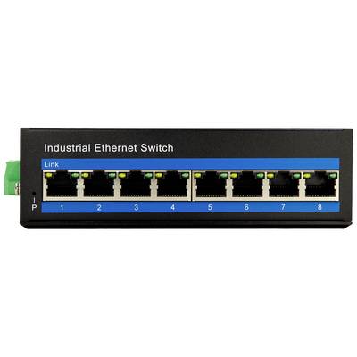 Industrieller Ethernet-Switch mit acht nummerierten Anschlüssen, die durch grüne LEDs angezeigt werden. Text 'Industrial Ethernet Switch'.