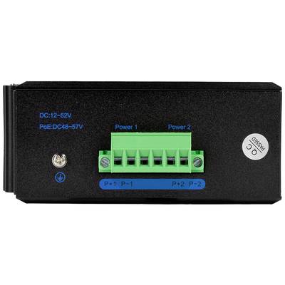 Ein schwarzes elektrisches Gerät mit grünen Anschlüssen und blauer Beschriftung 'Power', 'P+1', 'P-1', 'P+2', 'P-2'. Links Aufkleber mit Spannungsspezifikation und Schraube.