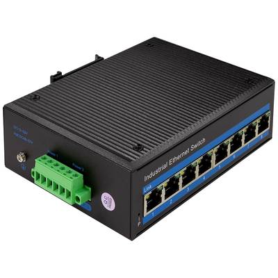Industrieller Ethernet-Switch mit acht Ports, grünen Schraubklemmen für Stromanschluss und schwarzem Gehäuse.