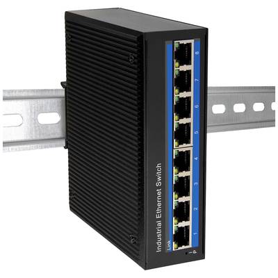 Ein industrieller Ethernet-Switch mit acht Ports ist an einer DIN-Schiene montiert, zur Verwendung in industriellen Netzwerken geeignet.