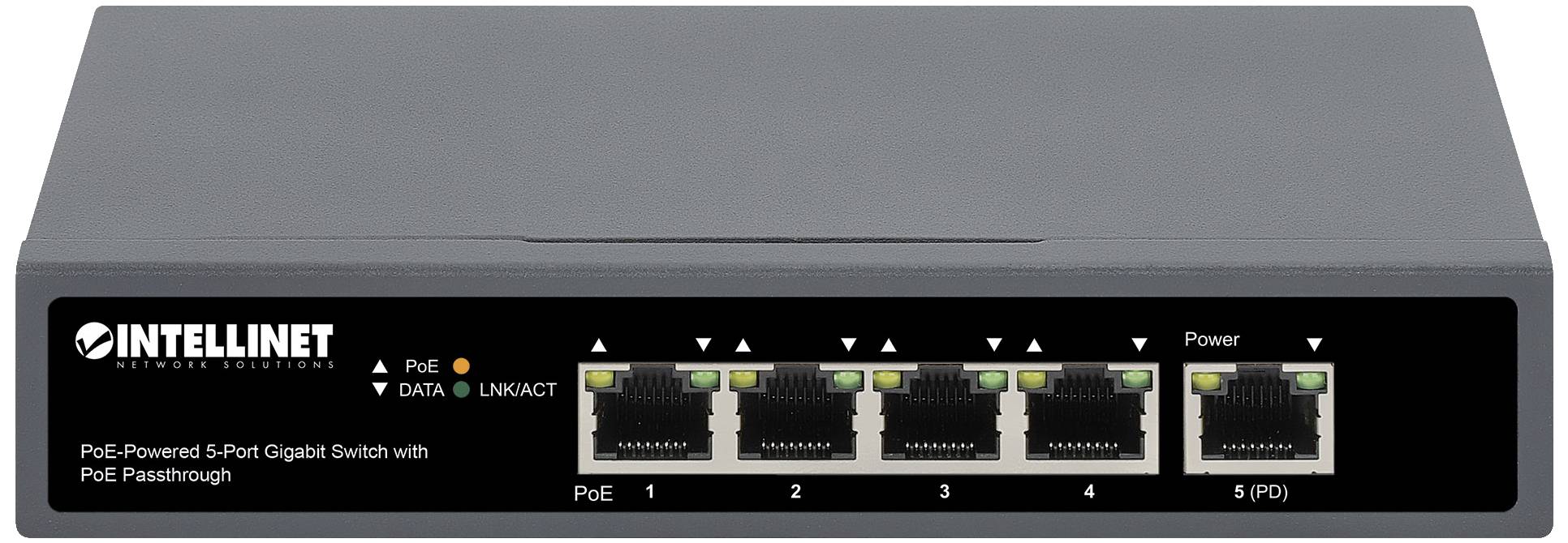 PoE-gestützter 5-Port Gigabit-Schalter von Intellinet mit PoE-Durchleitung, zeigt fünf Ethernet-Anschlüsse und Status-LEDs.