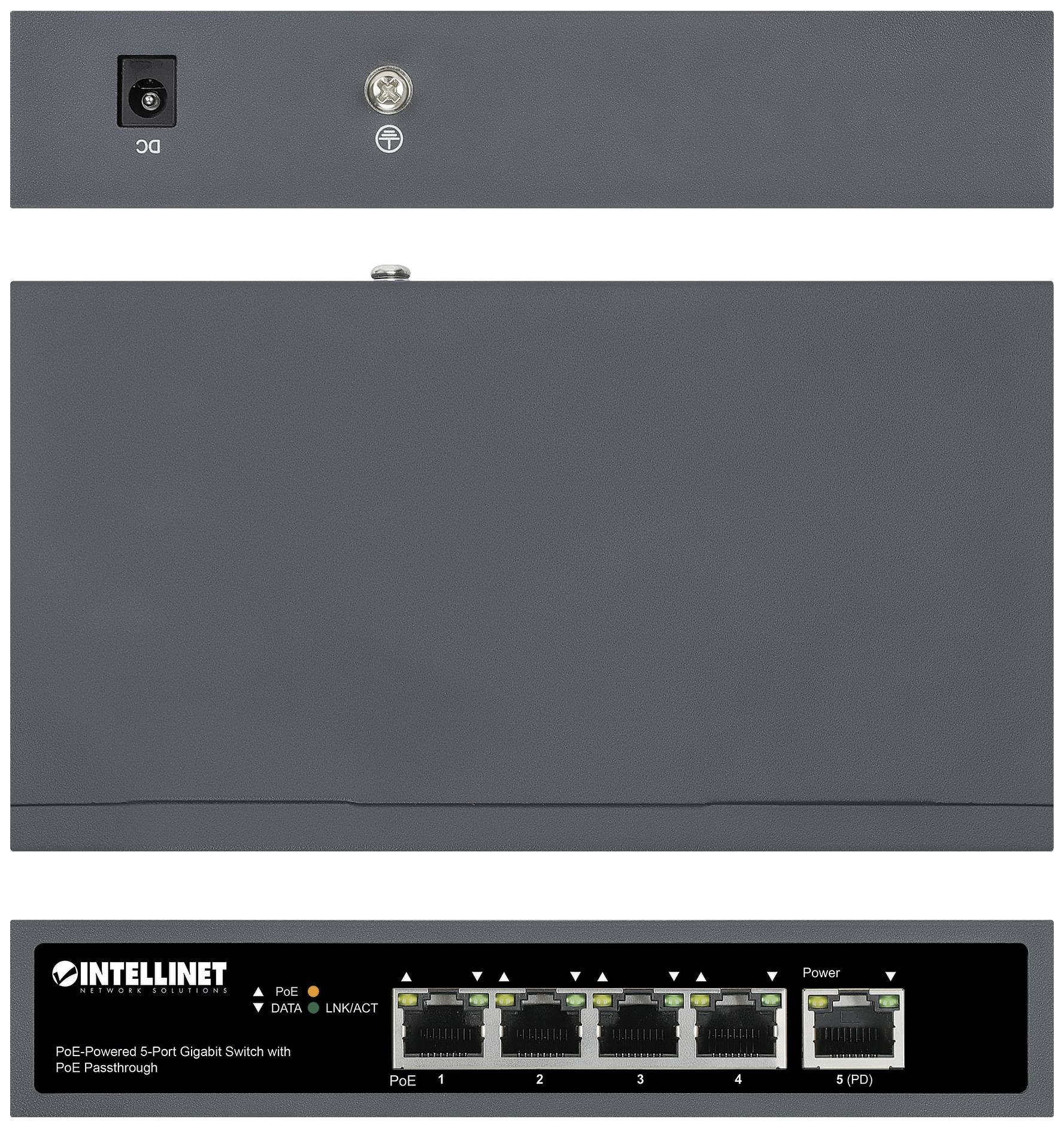 Schwarzer Intellinet 5-Port-Gigabit-Switch mit PoE, Vorderseite mit fünf Ethernet-Ports, Rückseite mit DC-Stromanschluss und Sicherheitsslot.