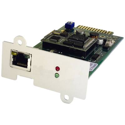Eine grüne elektronische Platine mit mehreren Komponenten, darunter ein Ethernet-Anschluss und zwei LED-Anzeigen, vermutlich für Netzwerkschnittstellen.