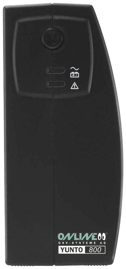 Ein schwarzes USV-Gerät für Stromversorgungssicherung mit 'YUNTO 800' und 'ONLINE USV-SYSTEME AG' Beschriftungen.