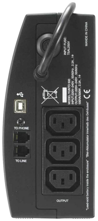 Rückseite einer USV mit Stromanschlüssen und einem Datenport. Enthält vier Steckdosen, einen USB-Anschluss und eine Netzwerkbuchse.