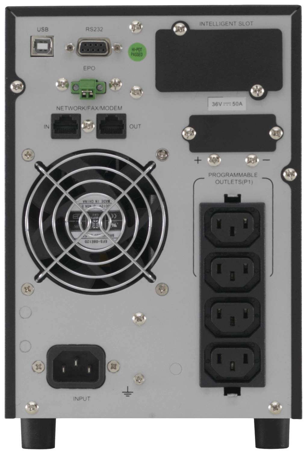 Rückansicht einer USV mit Anschlüssen: USB, RS232, Netzwerk, Modem, programmierbare Steckdosen, Lüfter und Netzstecker.