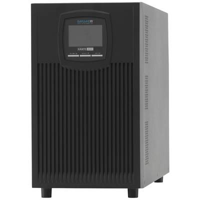 Schwarzes USV-Gerät mit digitalem Display auf der Vorderseite, vertikalen Lüftungsschlitzen und massiver Bauform für Büro- oder Industrieanwendung.