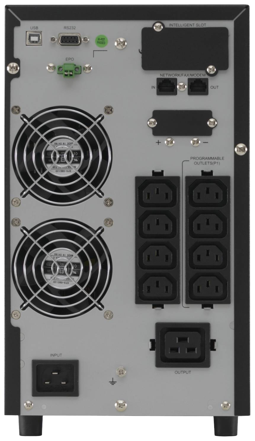 Rückansicht eines elektronischen Geräts mit mehreren Steckdosen, Lüftern und Anschlüssen.