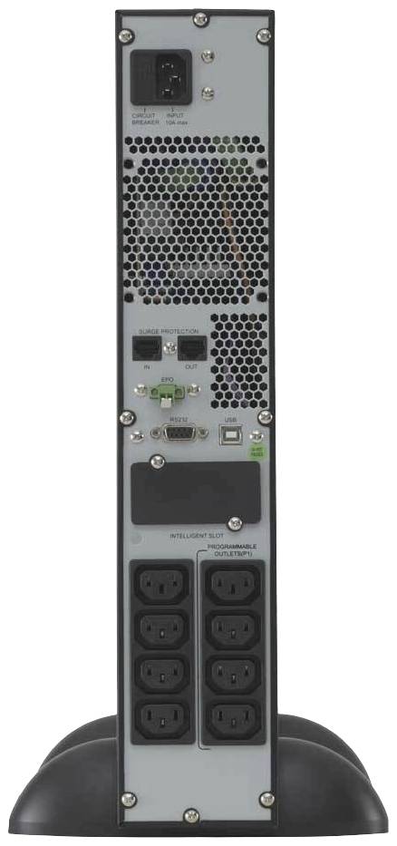 Rückseite eines IT-Geräts mit Stromanschlüssen und verschiedenen Ports, darunter Ethernet und USB, zur Verbindung mit anderen Geräten.