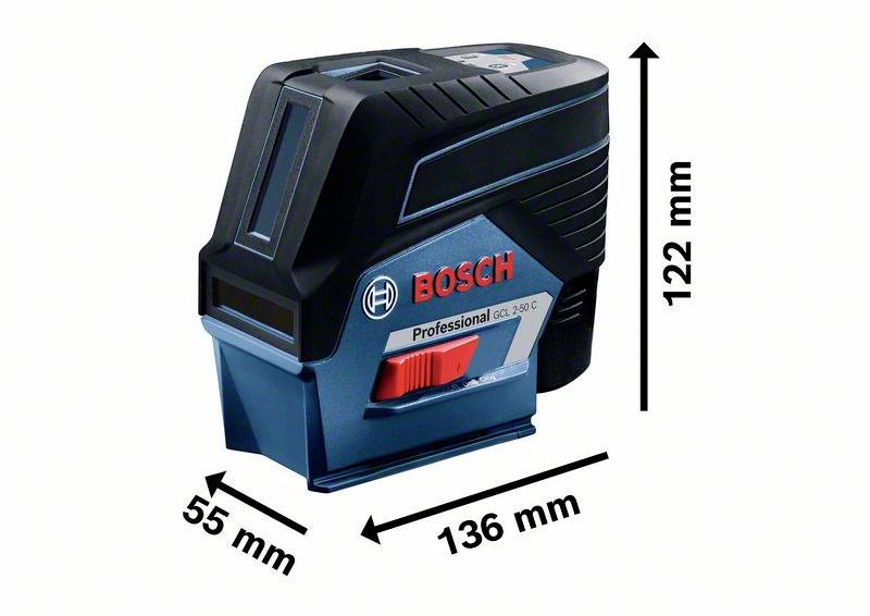 'Bosch Professional GLM 30 C' Laser-Entfernungsmesser mit den Abmessungen 136 mm x 55 mm x 122 mm in Schwarz und Blau.