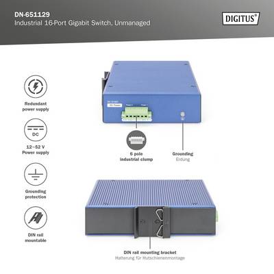 'Industrieller 16-Port Gigabit Switch, unbeaufsichtigt. Eingänge für redundante Stromversorgung, Erdung und DIN-Schienenmontage.'