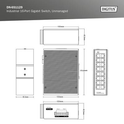 Industrieller 16-Port Gigabit Switch, nicht verwaltet. Abmessungen: 135mm x 175,5mm x 155,3mm. Diagramm zeigt Ports und Ansichten.