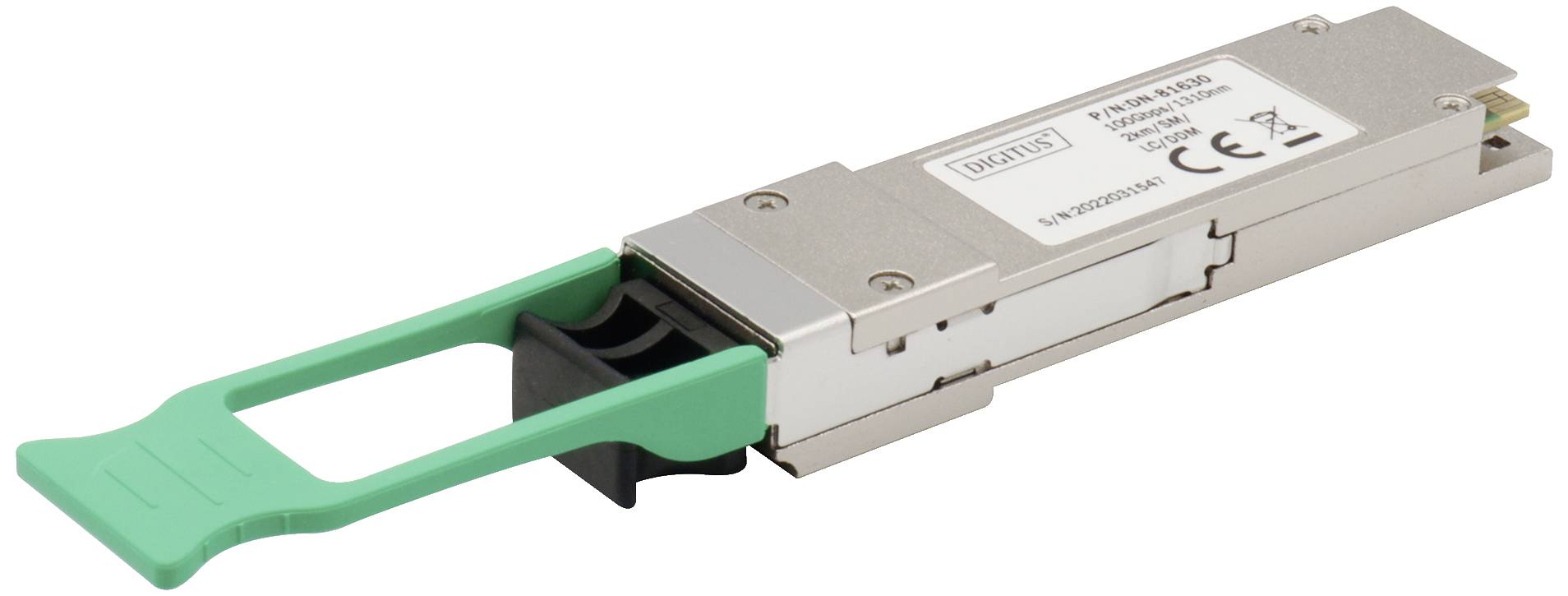 Ein metallisches, rechteckiges Modul mit einem grünen Hebel. Das Modul hat Anschlüsse am Ende und ist für Computerverbindungen bestimmt.