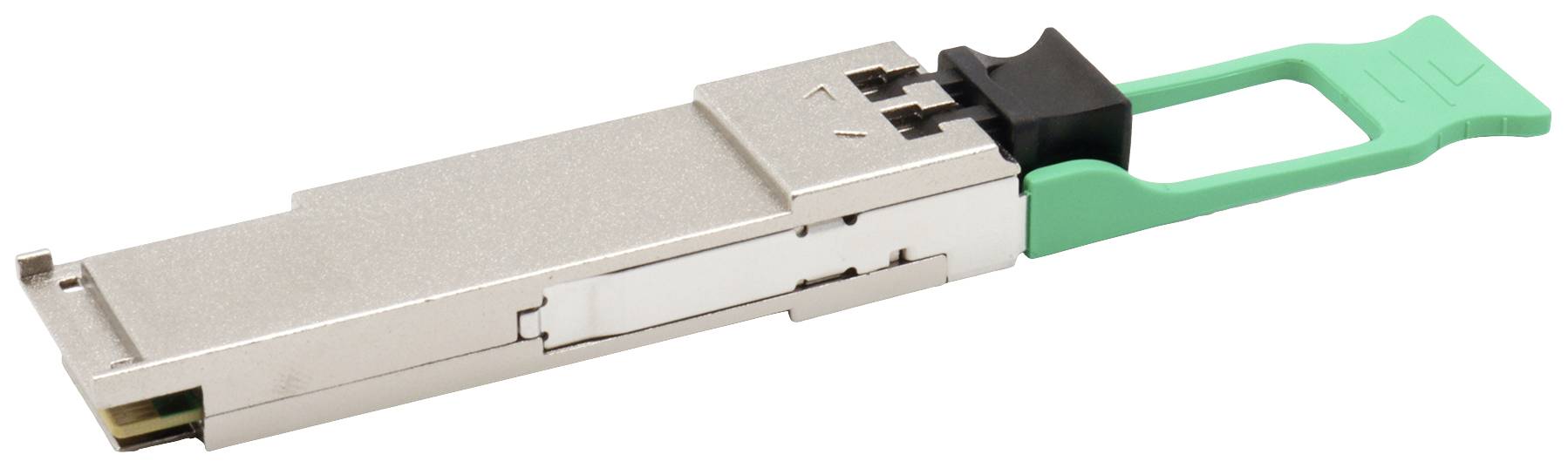Ein metallisches Modul mit einem grünen Griff, typischerweise ein Netzwerk- oder Datenverbindungsstecker, liegt auf weißem Hintergrund.
