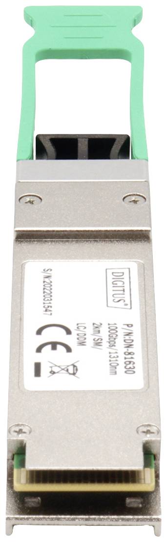 Ein Netzwerktransceiver mit Metallgehäuse und grünem Griff. Kennzeichnungen und Verbindungspunkte sind sichtbar.