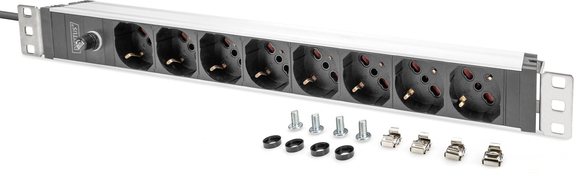 '8-fach Steckdosenleiste mit Halterungen und Schrauben. Schwarze Steckdosen in Reihe auf silbernem Streifen, seitlich montierbar.'