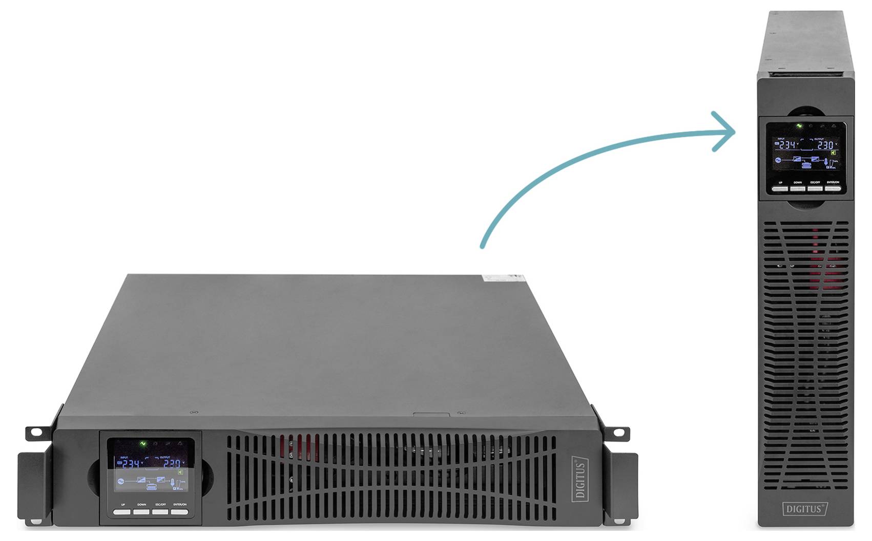 Ein Servergerät zeigt einen Bildschirm mit Statusinformationen. Eine Pfeilgrafik zeigt die Umrissansicht desselben Geräts.