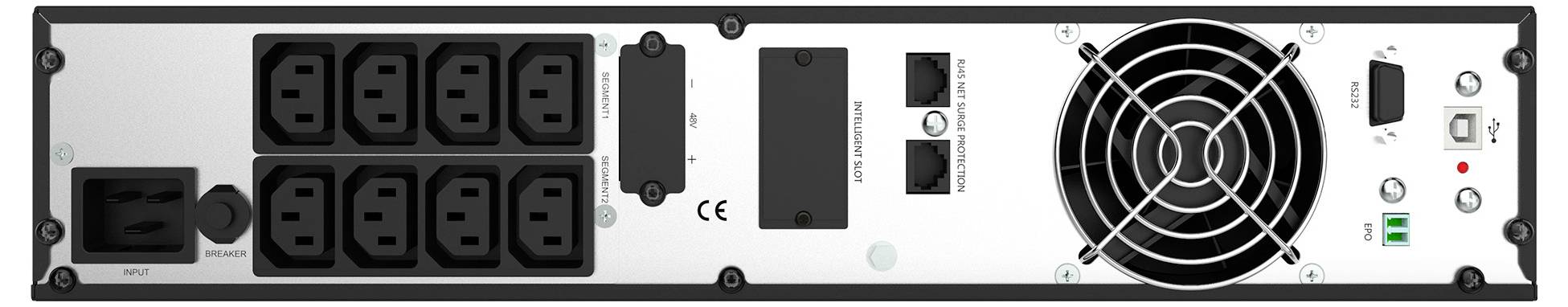 Rückseite eines technischen Geräts mit mehreren Steckdosen, Lüfter und Schaltern. Zeigt Anschlüsse und Bedienelemente.