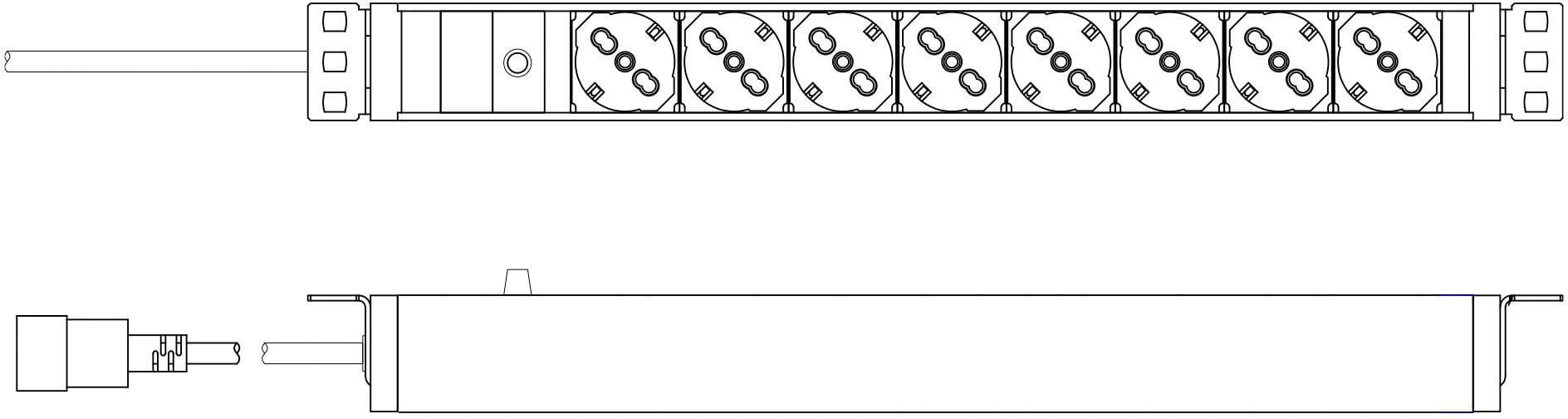 Zeichnung einer Steckdosenleiste mit acht Steckplätzen und einem Anschlusskabel, aus der Vorder- und Seitenansicht dargestellt.