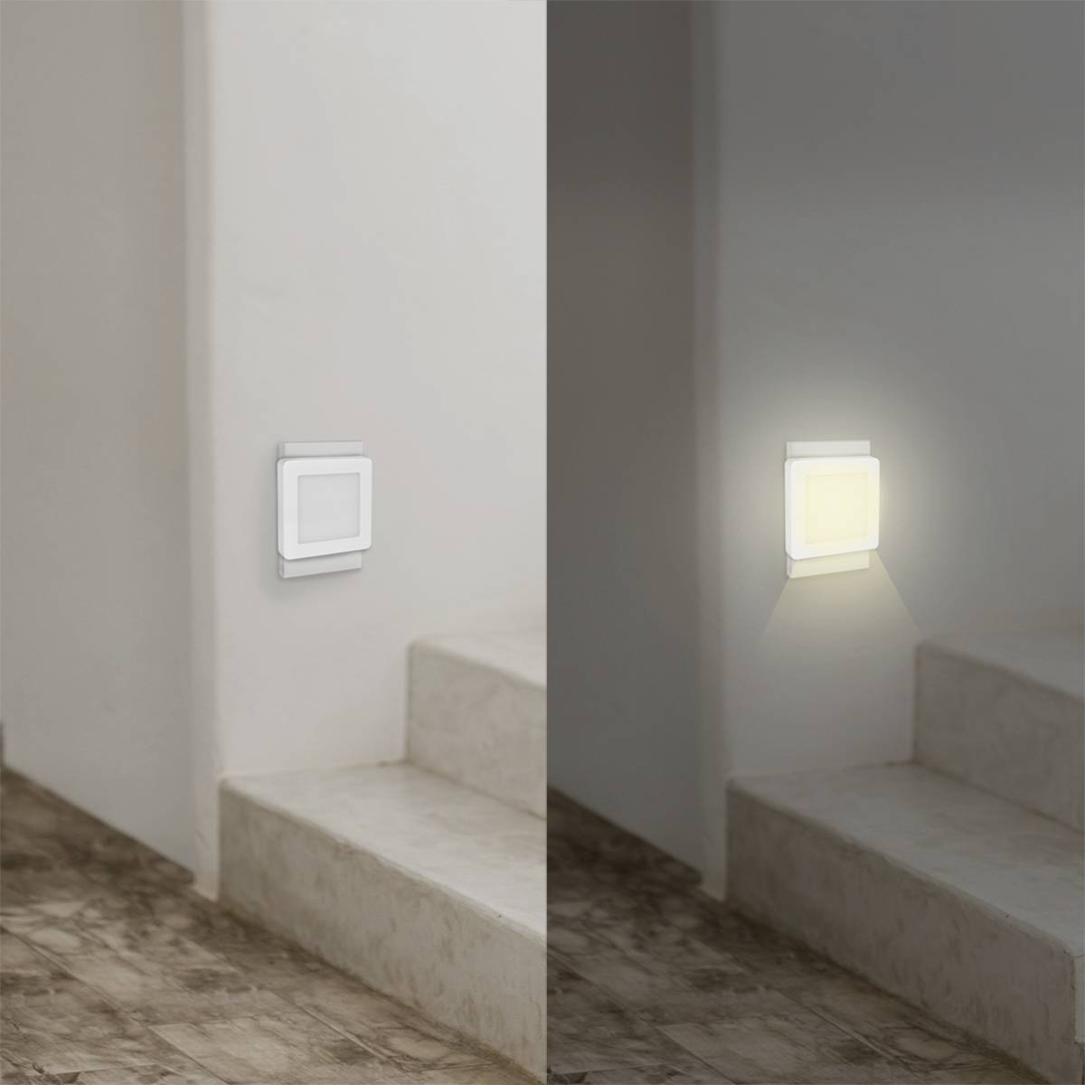 Lichtschalter an einer Treppe, links ausgeschaltet, rechts eingeschaltet, beleuchtet den Treppenbereich dezent.