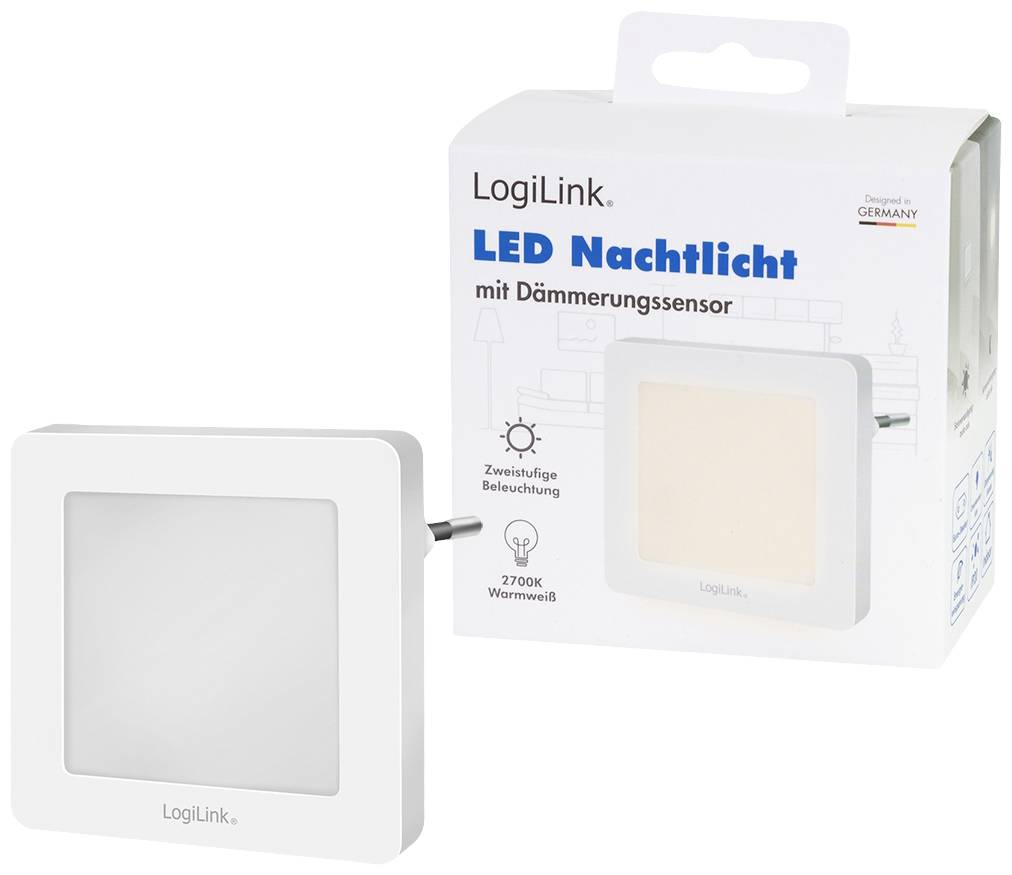 'Nachtlicht von LogiLink mit Dämmerungssensor, zweistufige Beleuchtung, 2700K Warmweiß, in Verpackung abgebildet.'