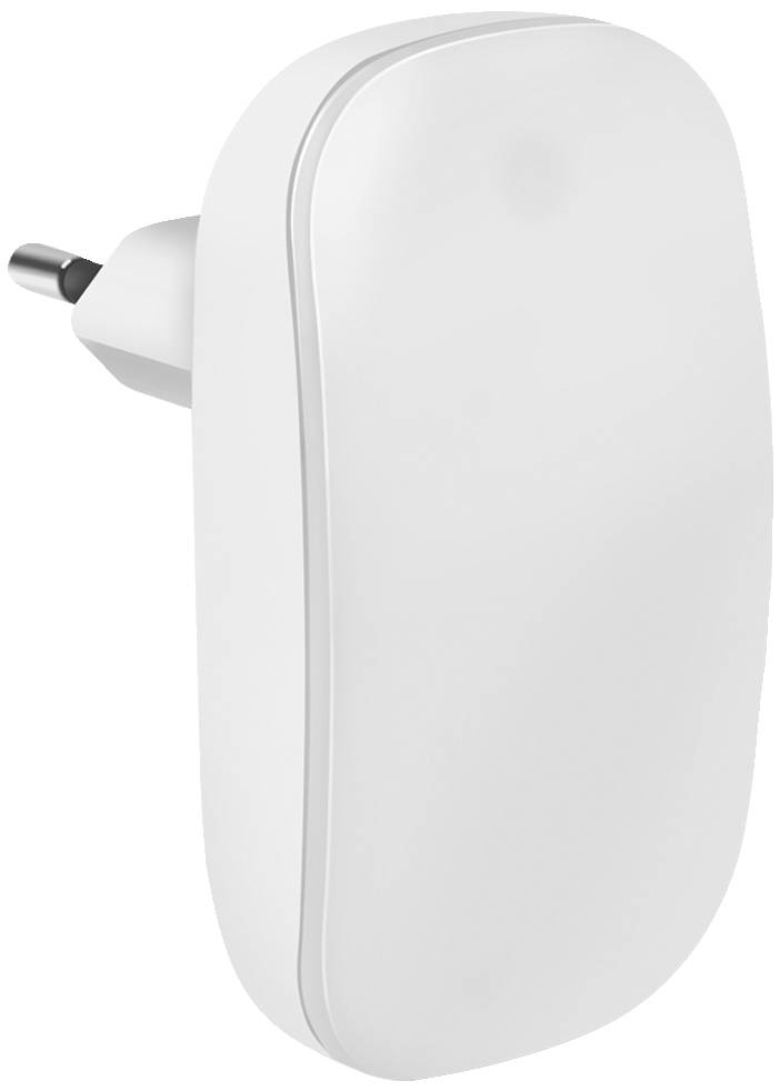 Weißer, rechteckiger Steckdosenadapter mit flachem Design. Ideal für kompakte Räume, passt in Standardsteckdosen.
