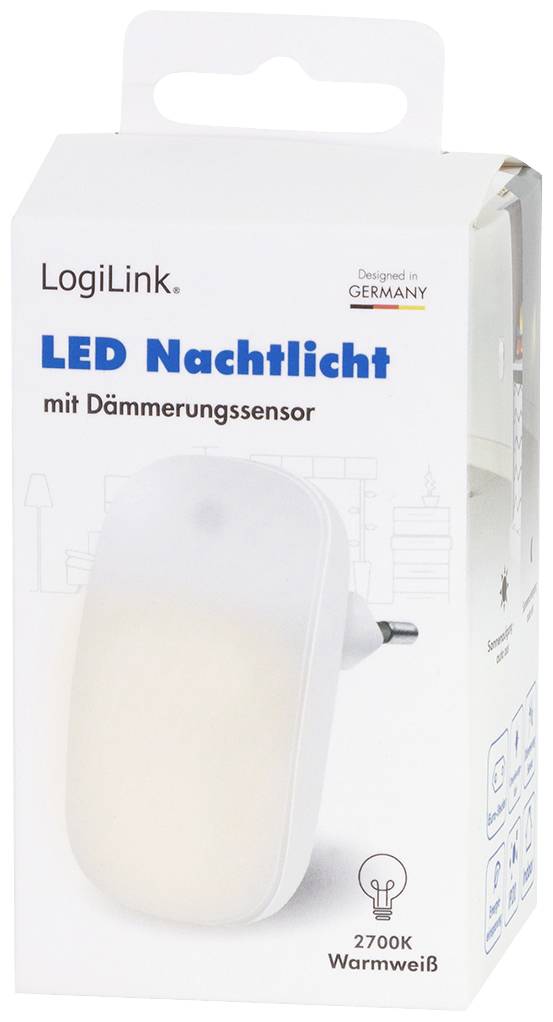 Verpackung eines LED-Nachtlichts mit Dämmerungssensor von LogiLink. Design und Herstellung in Deutschland. Lichtfarbe: Warmweiß, 2700K.
