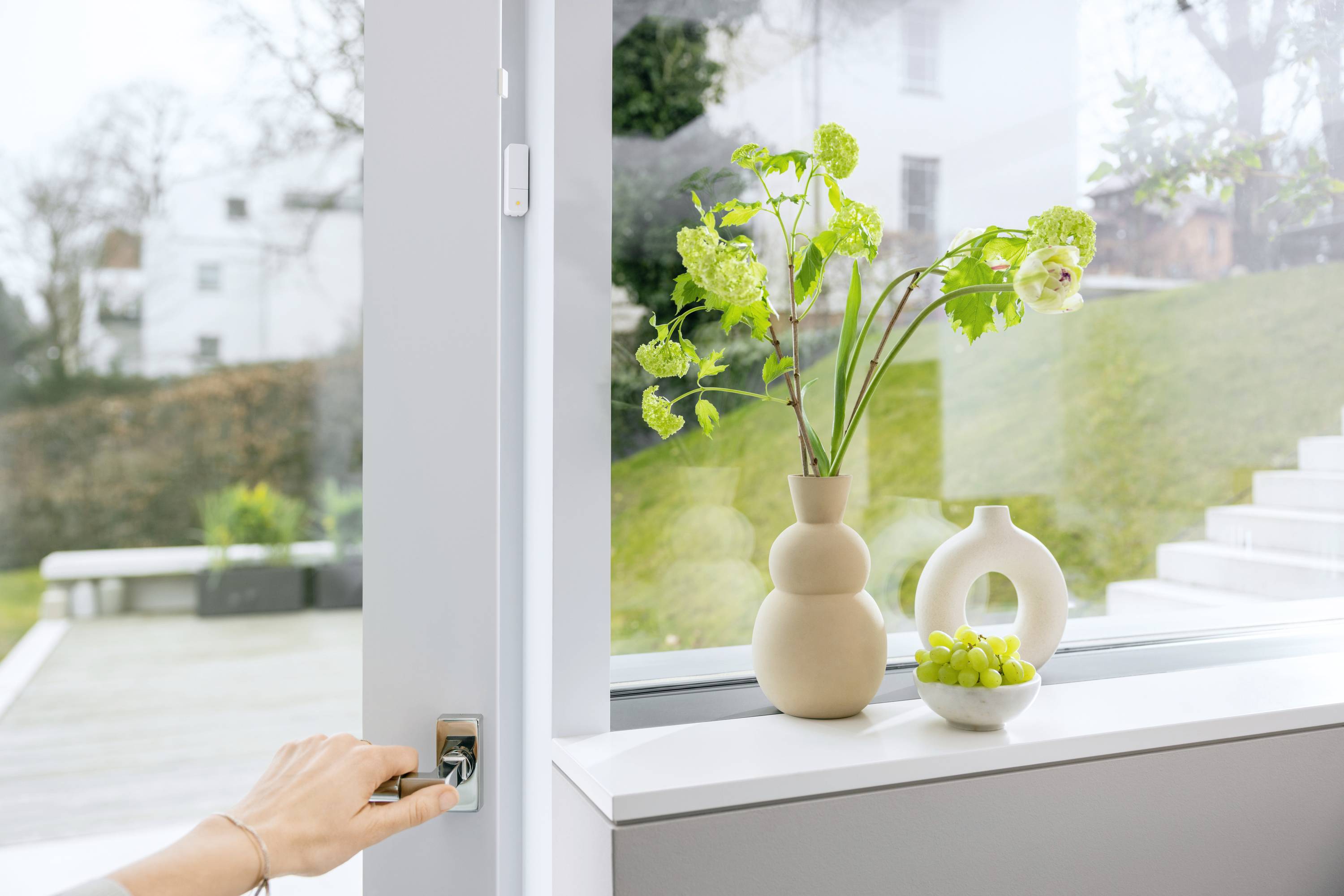 Eine Person öffnet ein Fenster in einem modernen Raum. Auf der Fensterbank steht eine Vase mit grünen Pflanzen und eine Schale mit Trauben.