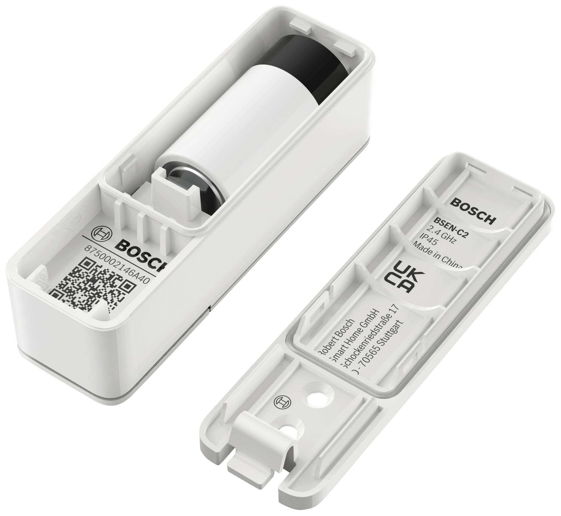 Ein geöffneter batteriebetriebener Sensor von Bosch. Der Sensor und das separate Batteriefach liegen nebeneinander.